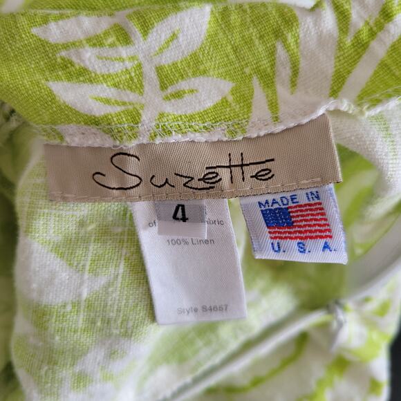 Suzette Linen Strapless Dress Green Floral Tie Back Pineapple Preppy Women 4 - Picture 10 of 12